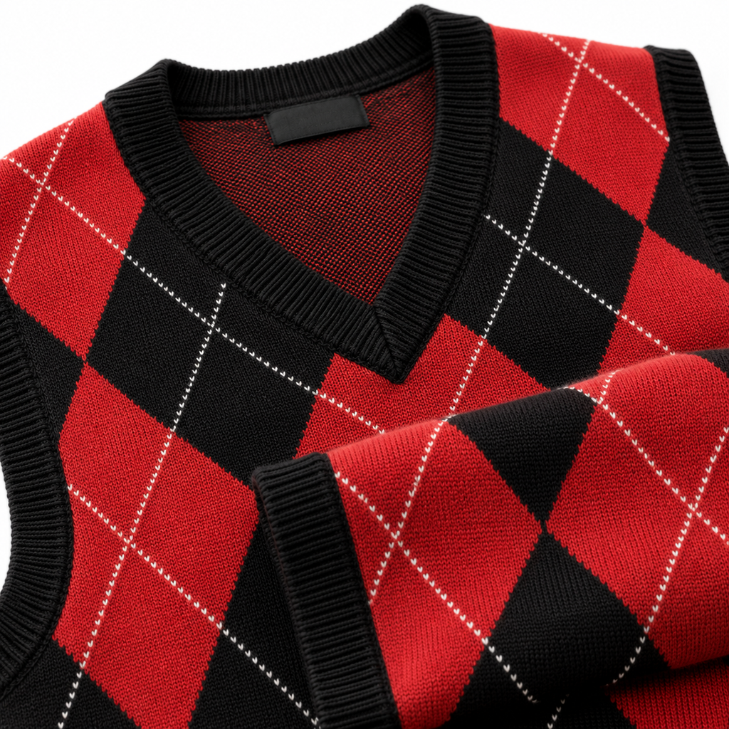 Classic Argyle Knit Vest – Crimson Red & Black | Alkatran